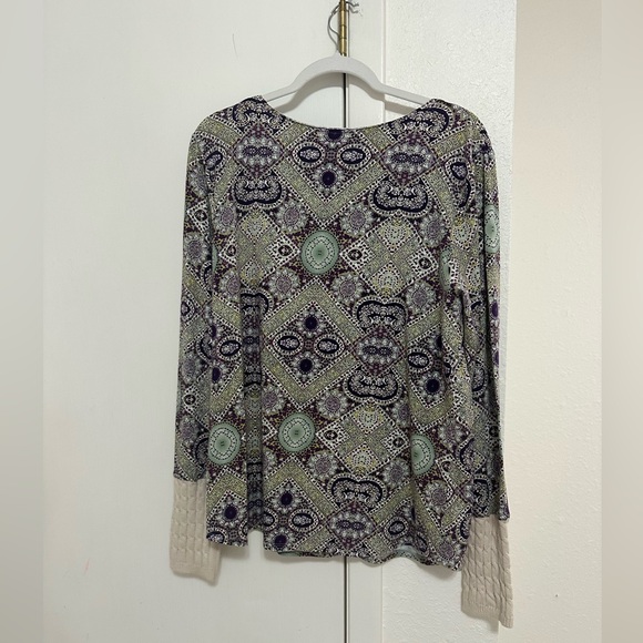 Sundance Veda Embroidered Tile Print Lightweight Green Cable Knit Sleeve Top XL - Picture 4 of 7